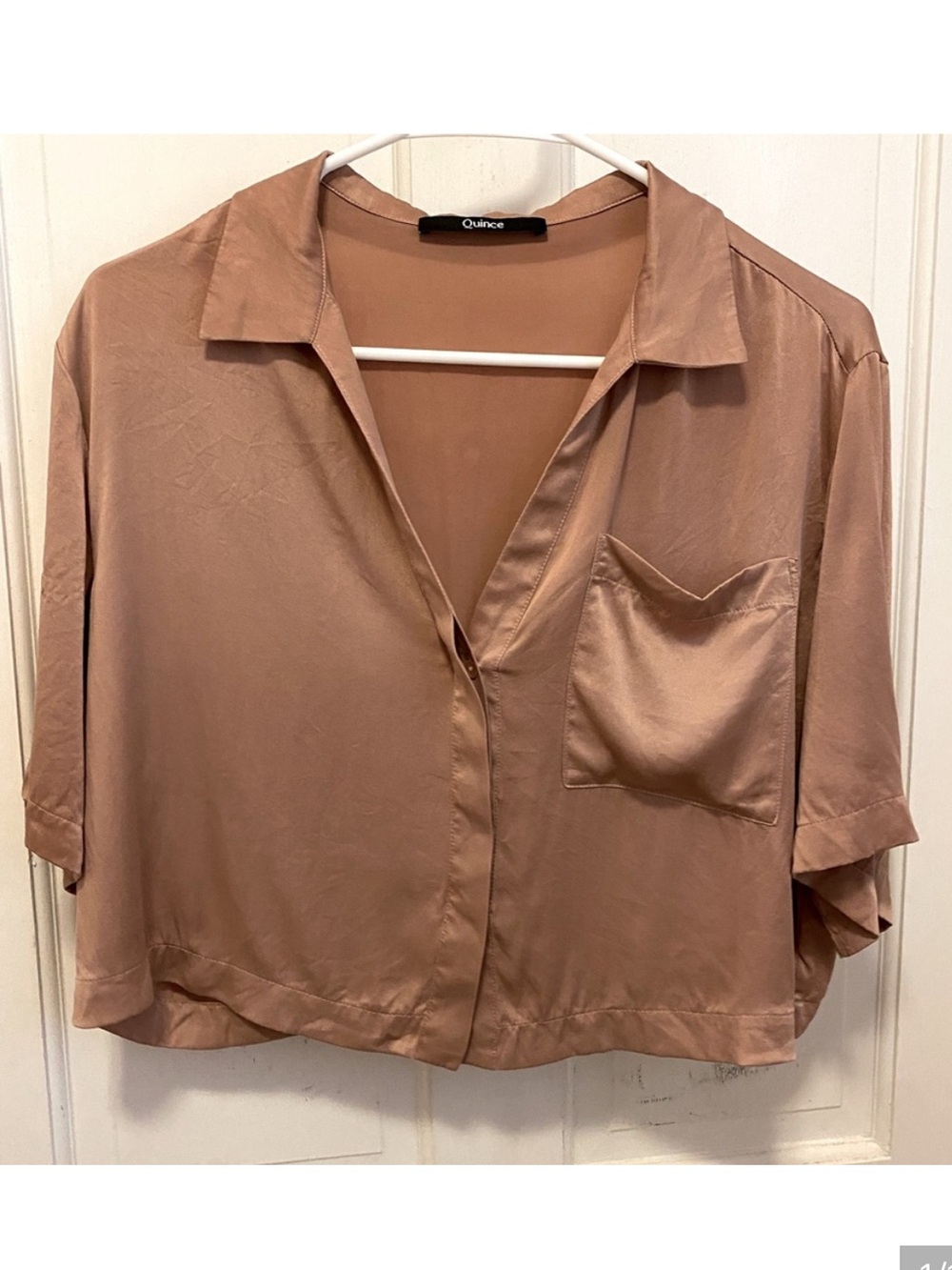 Quince Washable Silk Pajama Button Up Top Toasted Almond Womens Sz S Cropped S/S